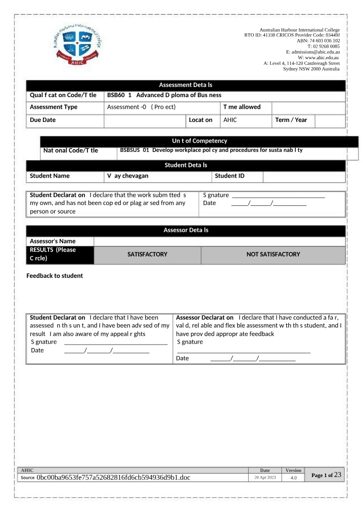 Workplace Policy and Procedures for Sustainability (BSBSUS501)