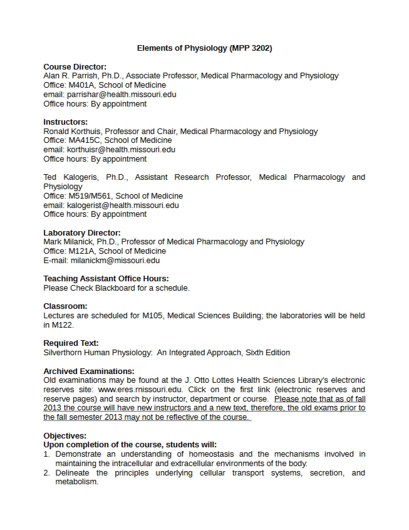 Physiology Course Syllabus