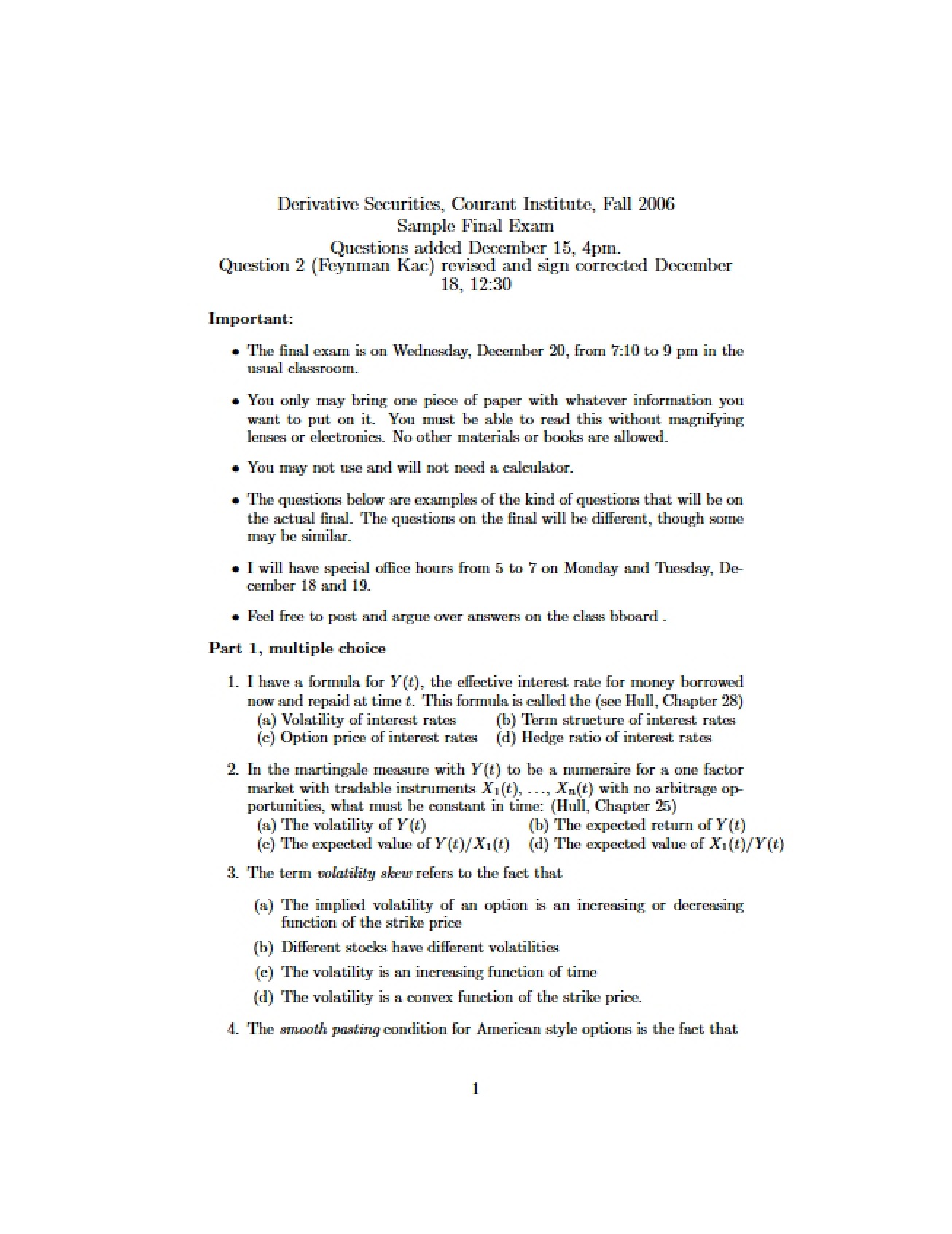 Derivative Securities Final Exam