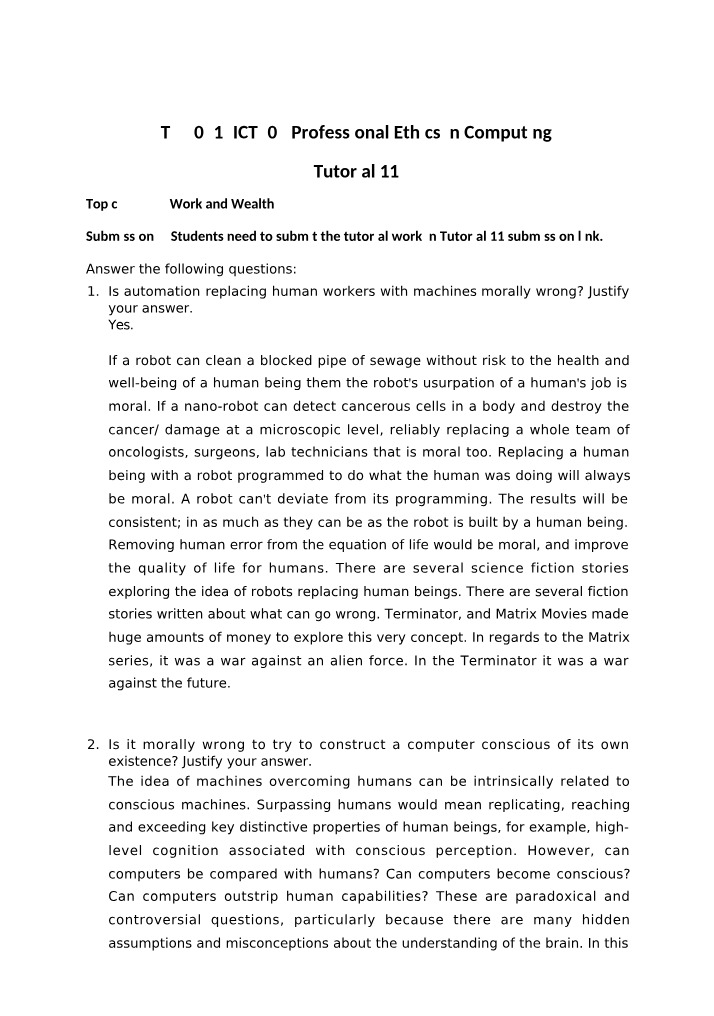 Work and Wealth - Tutorial 11