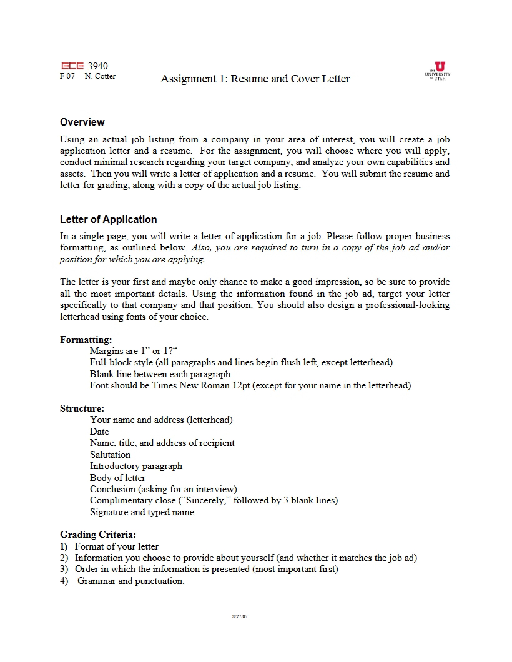 Cover Letter and Resume