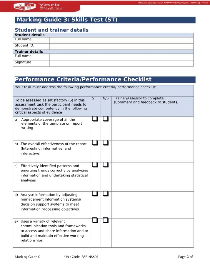 Marking Guide for Report Writing and Analysis Skills Test (ST)