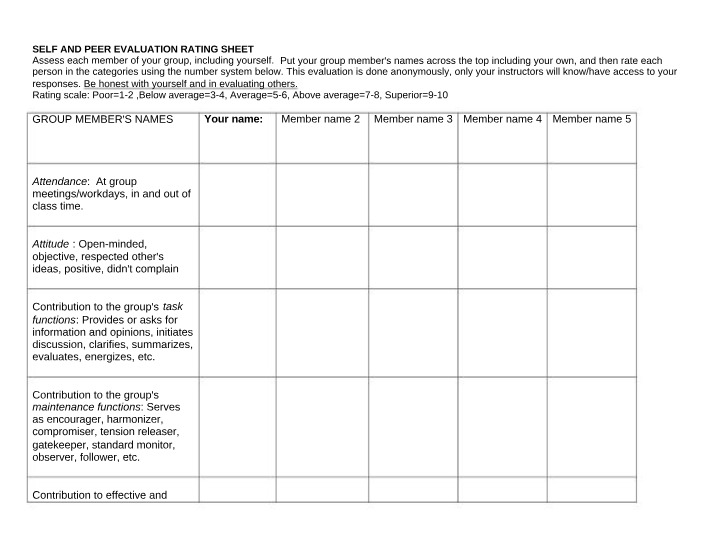 Self and Peer Evaluation for Group Work