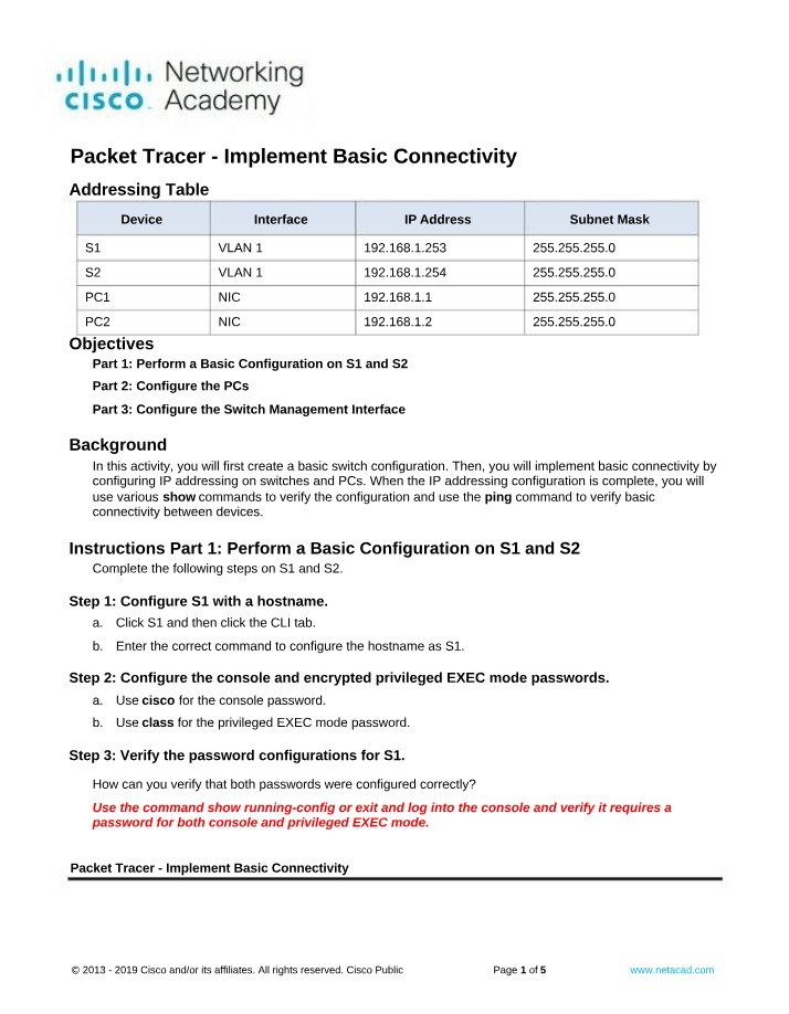 Basic Connectivity Implementation - Packet Tracer
