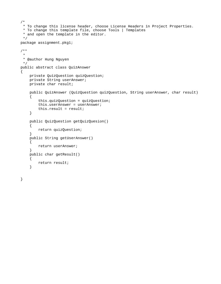 Implementation and Definition for QuizAnswer Class