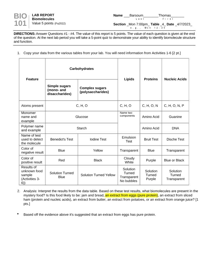 Lab Report - Identifying Biomolecules in Food