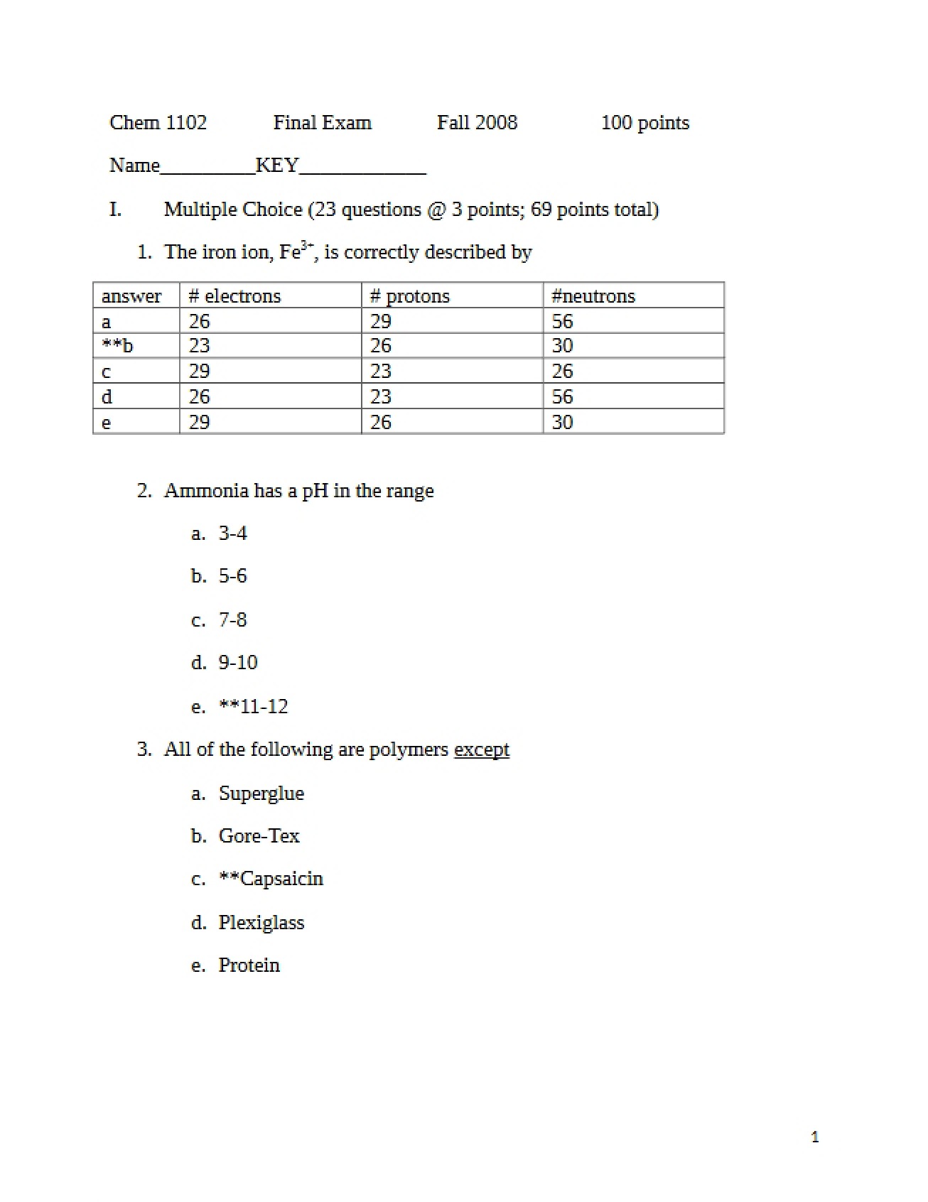 Key for Final Exam