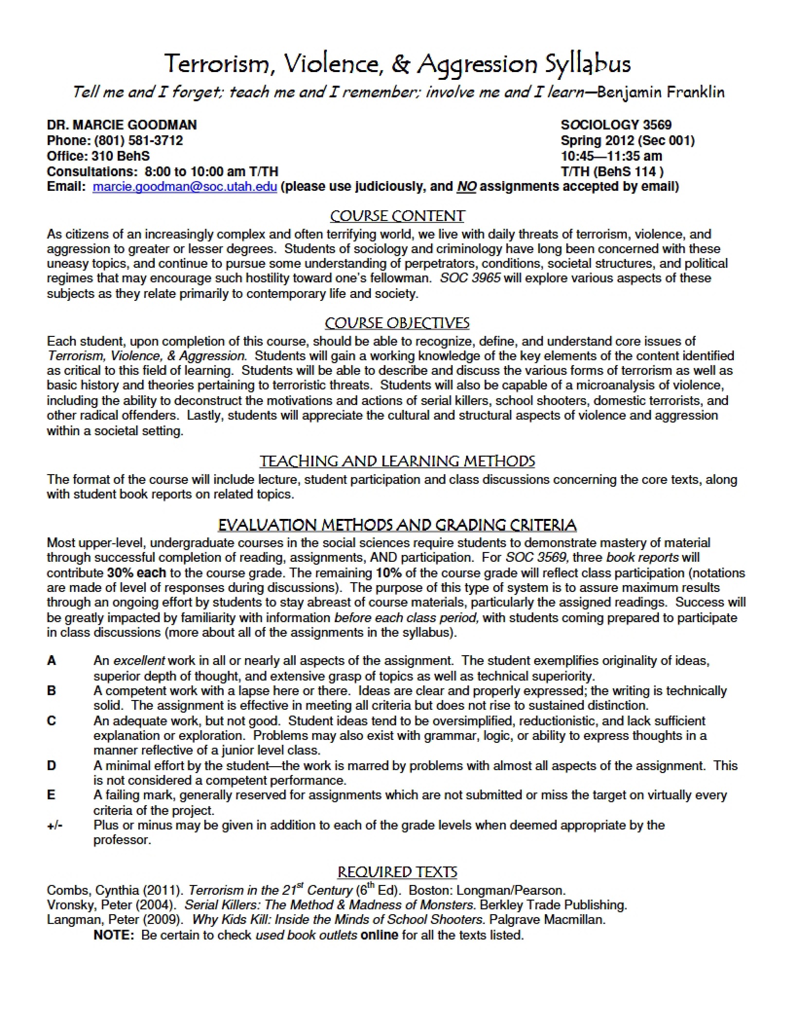 Syllabus Terrorism, Violence, and Aggression