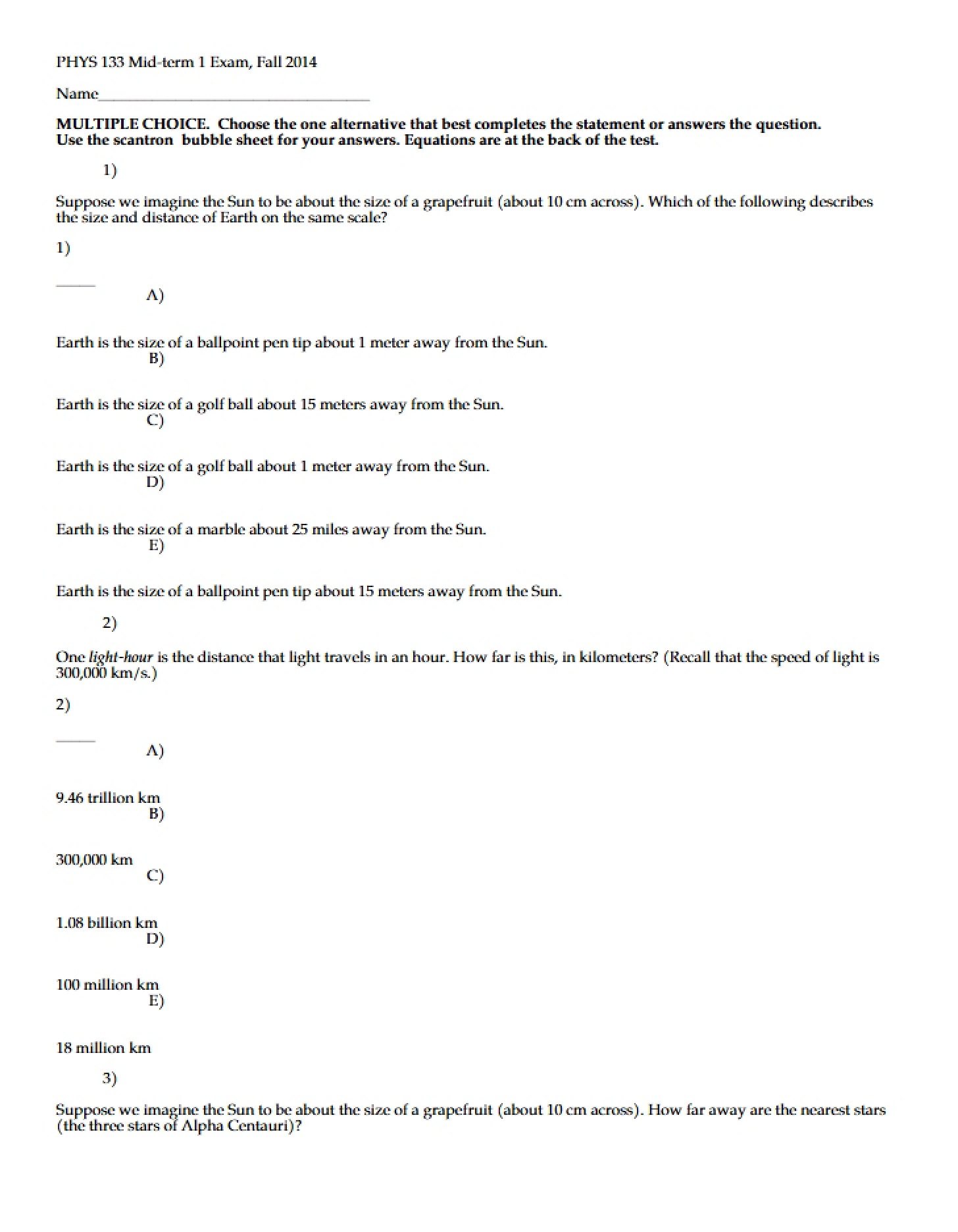 Exam for Mid-term 1
