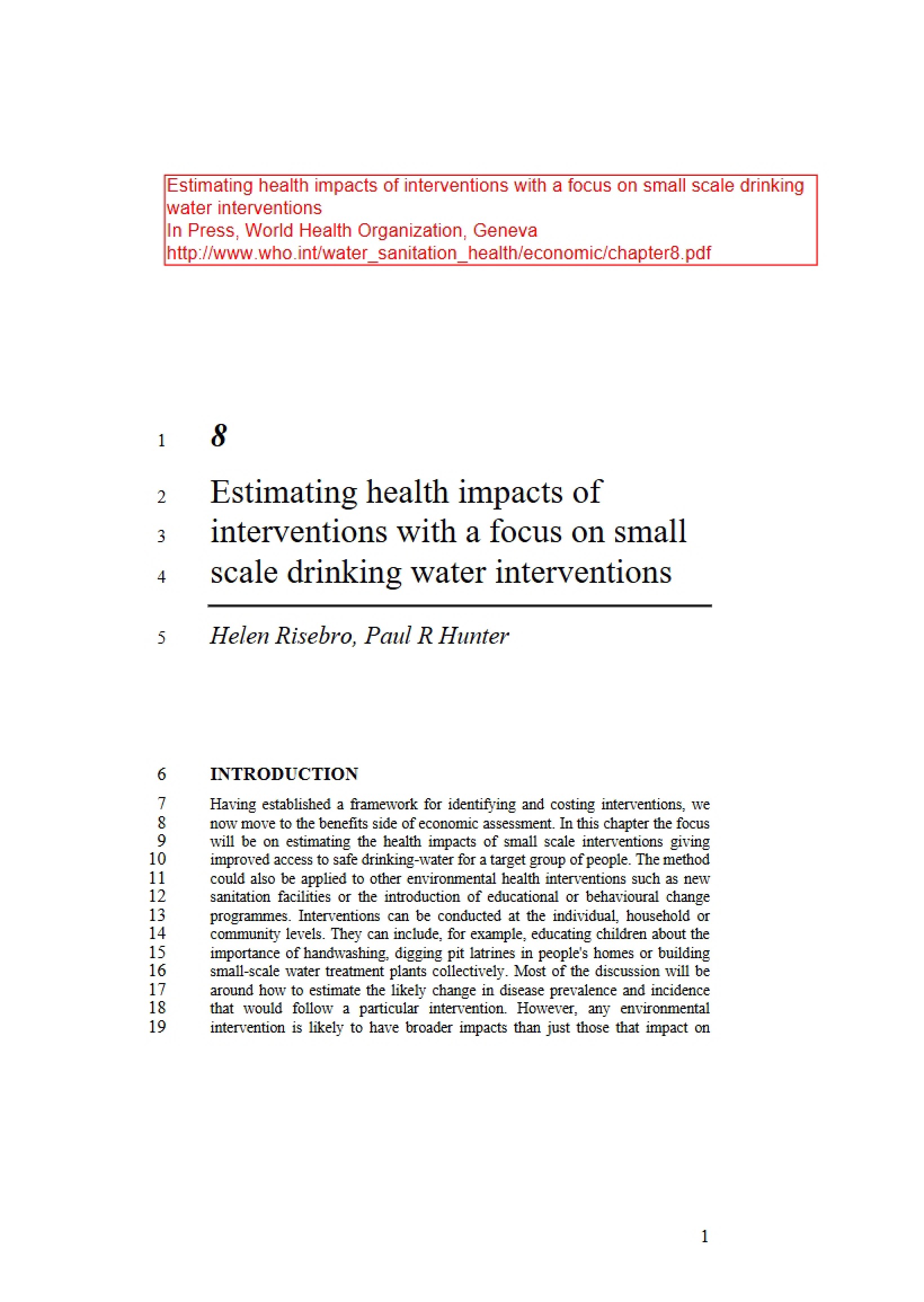 Health Impact Estimation Small Scale Water Interventions