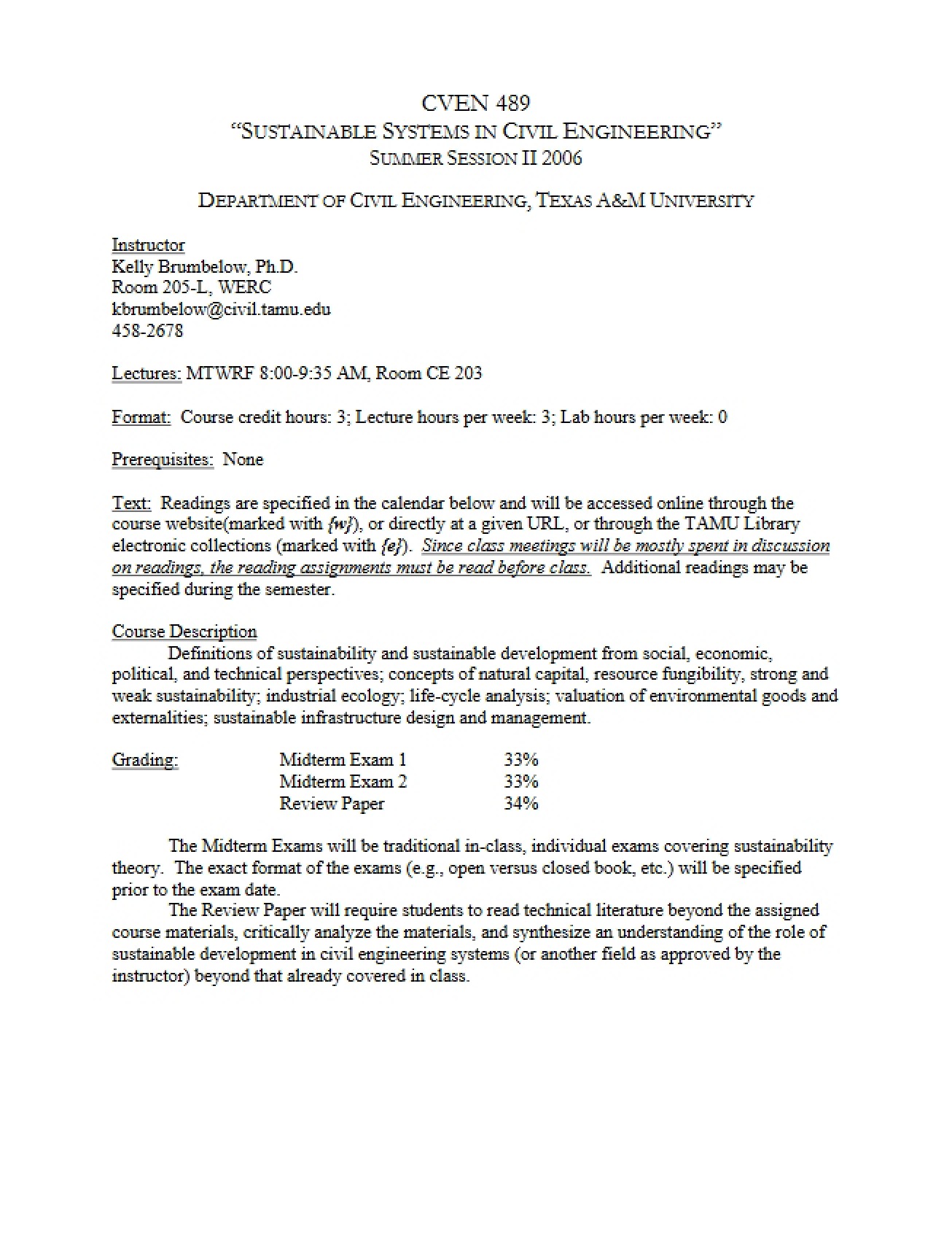 Syllabus for Sensor Technology from Summer 2006
