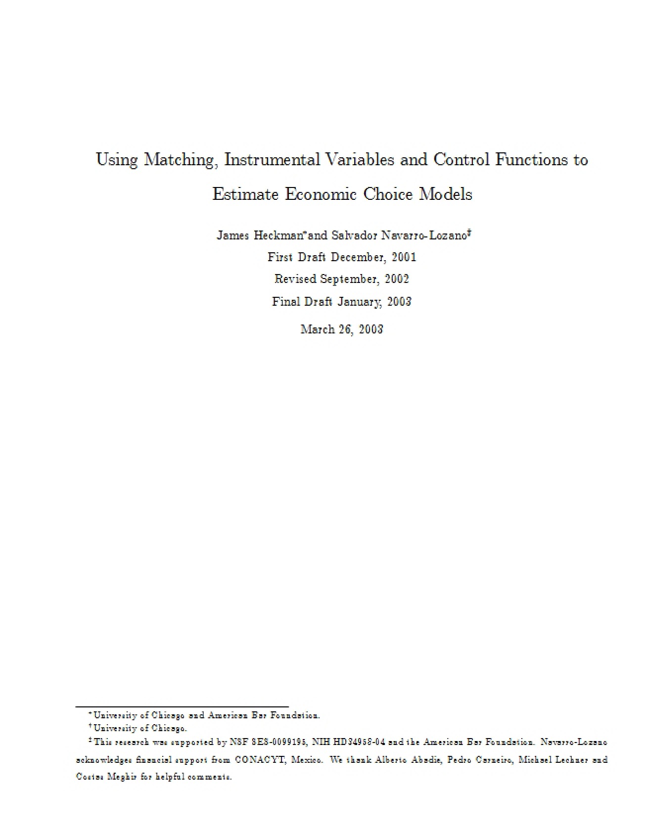 Estimating Economic Choice Models with Matching, IVs, and Control Functions