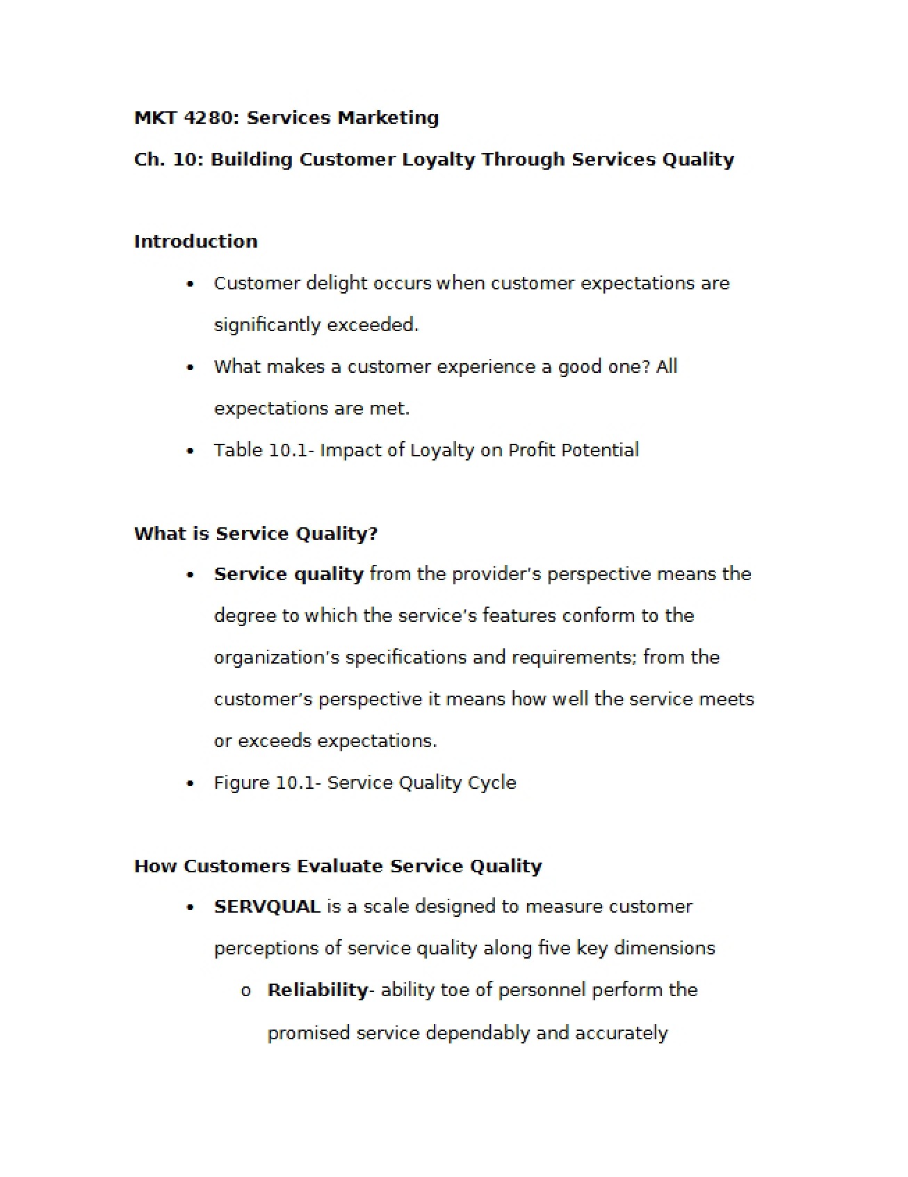 Building Customer Loyalty Through Service Quality (Ch 10)