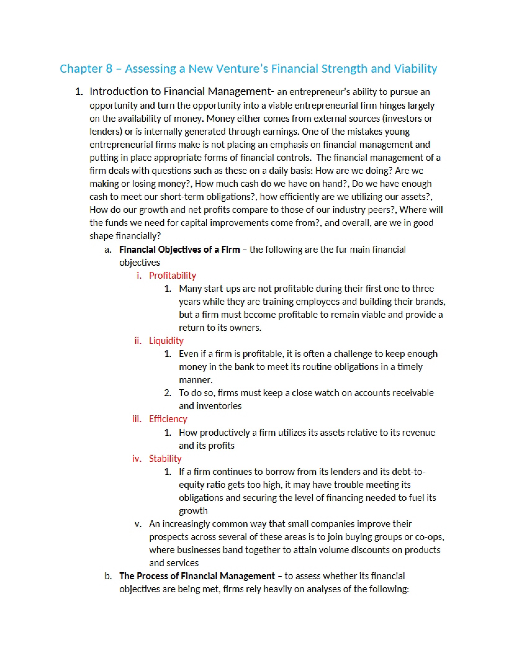Financial Viability and Strength Assessment (Ch 8)