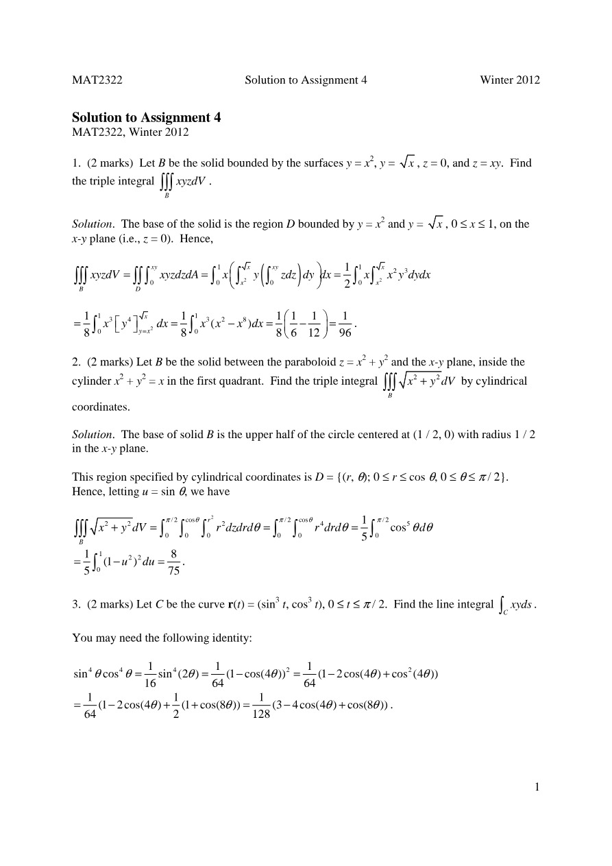 MAT 2322 Assignment 4 Solution (Winter 2012)