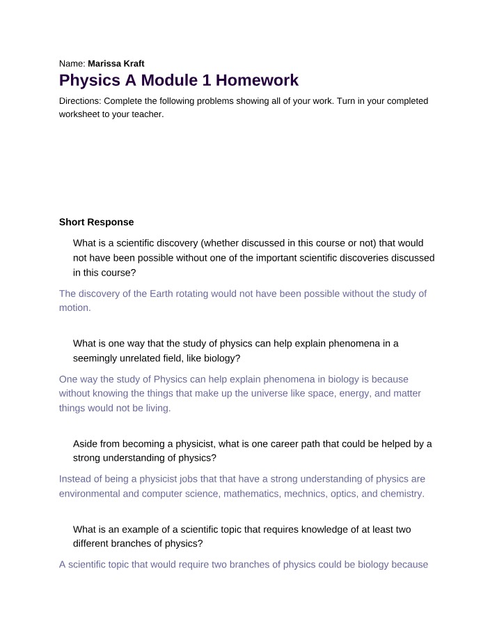 Module 1 Homework for Physics A