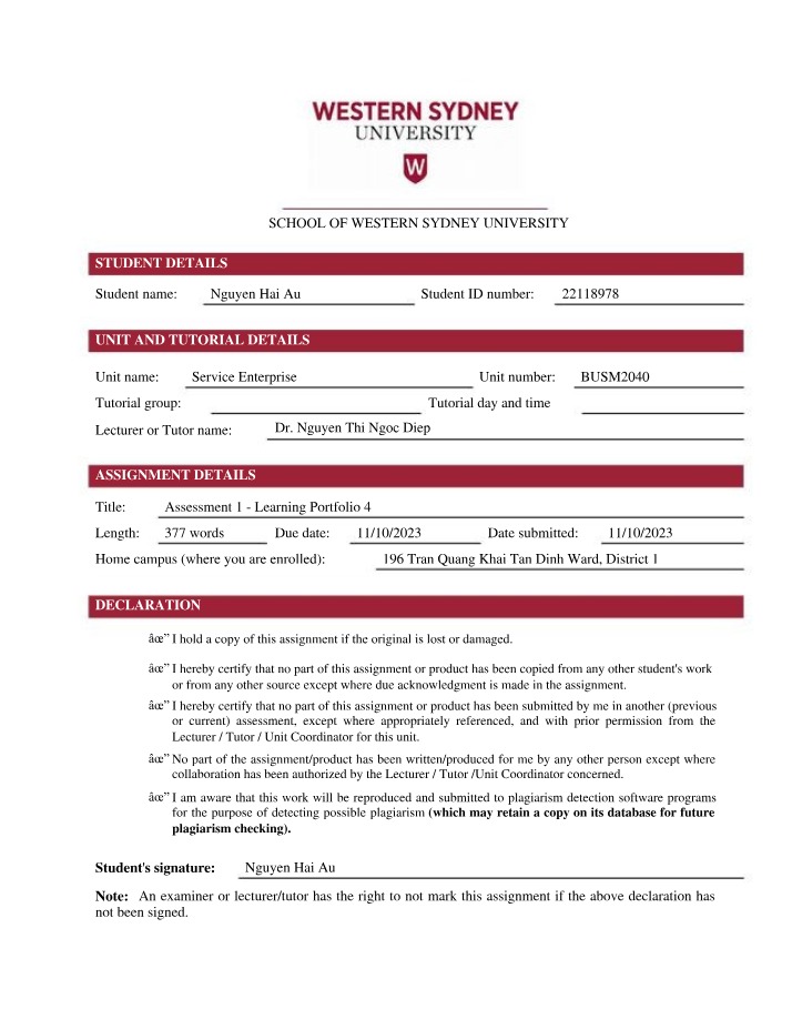 Learning Portfolio 4 - Assessment 1 - Nguyen Hai Au (22118978)