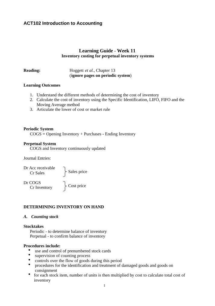 Week 11 Learning Guide for ACT102 Introduction to Accounting