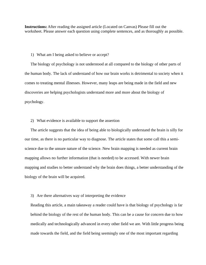 Worksheet - Critical Thinking Assignment