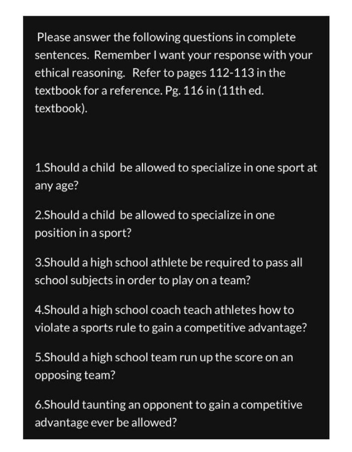 Questions on Ethical Considerations in Youth Sports Specialization