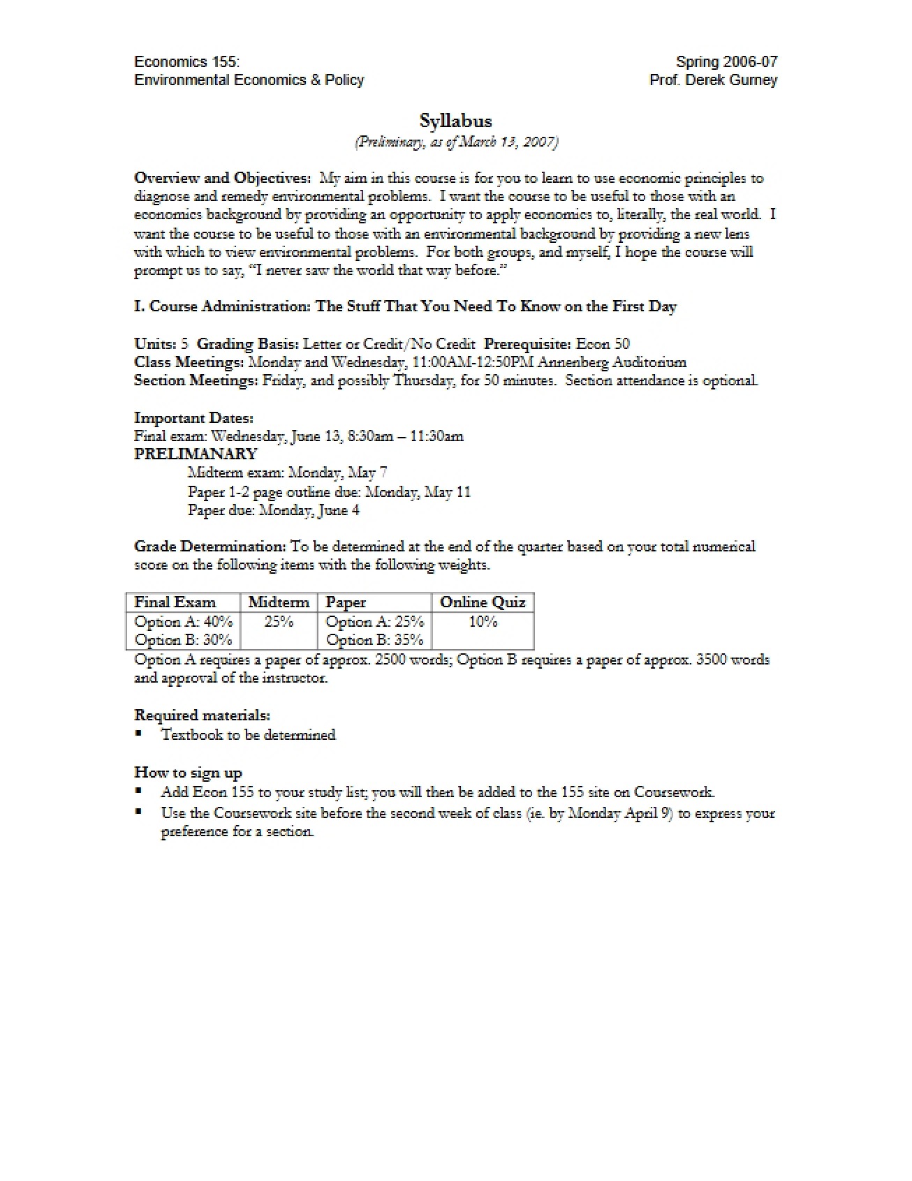 Environmental Economics and Policy Syllabus