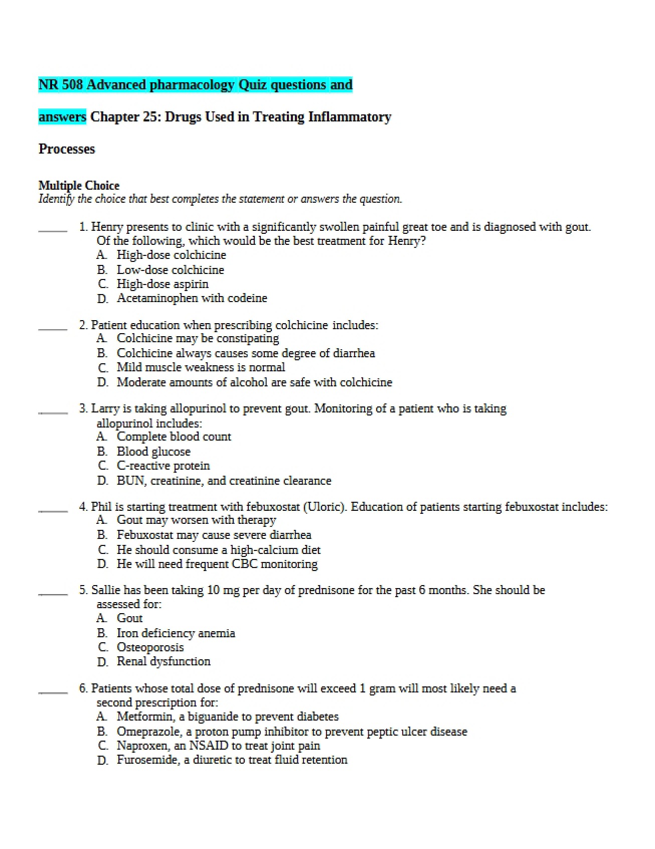 Exam for a Nursing Course