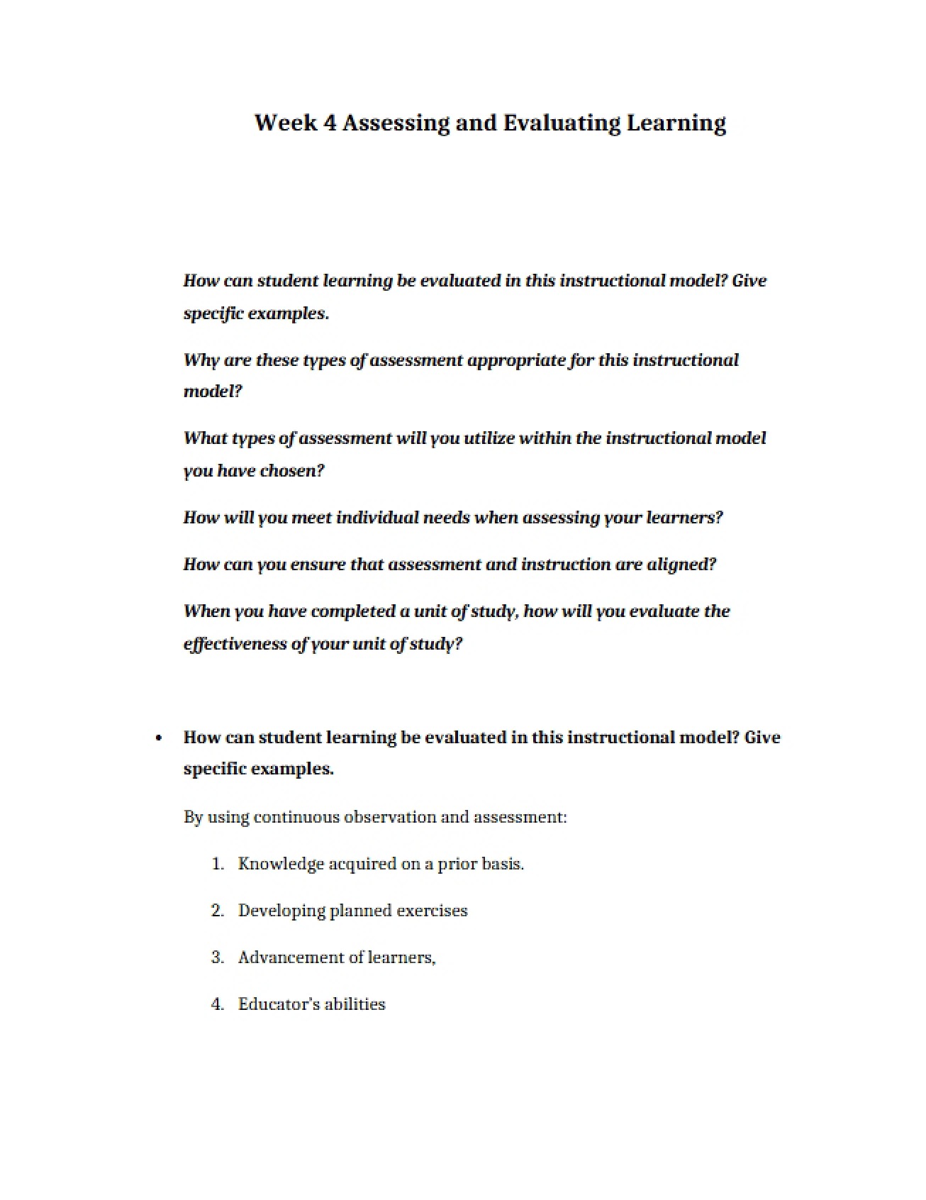 Evaluation and Assessment of Learning (Week 4)