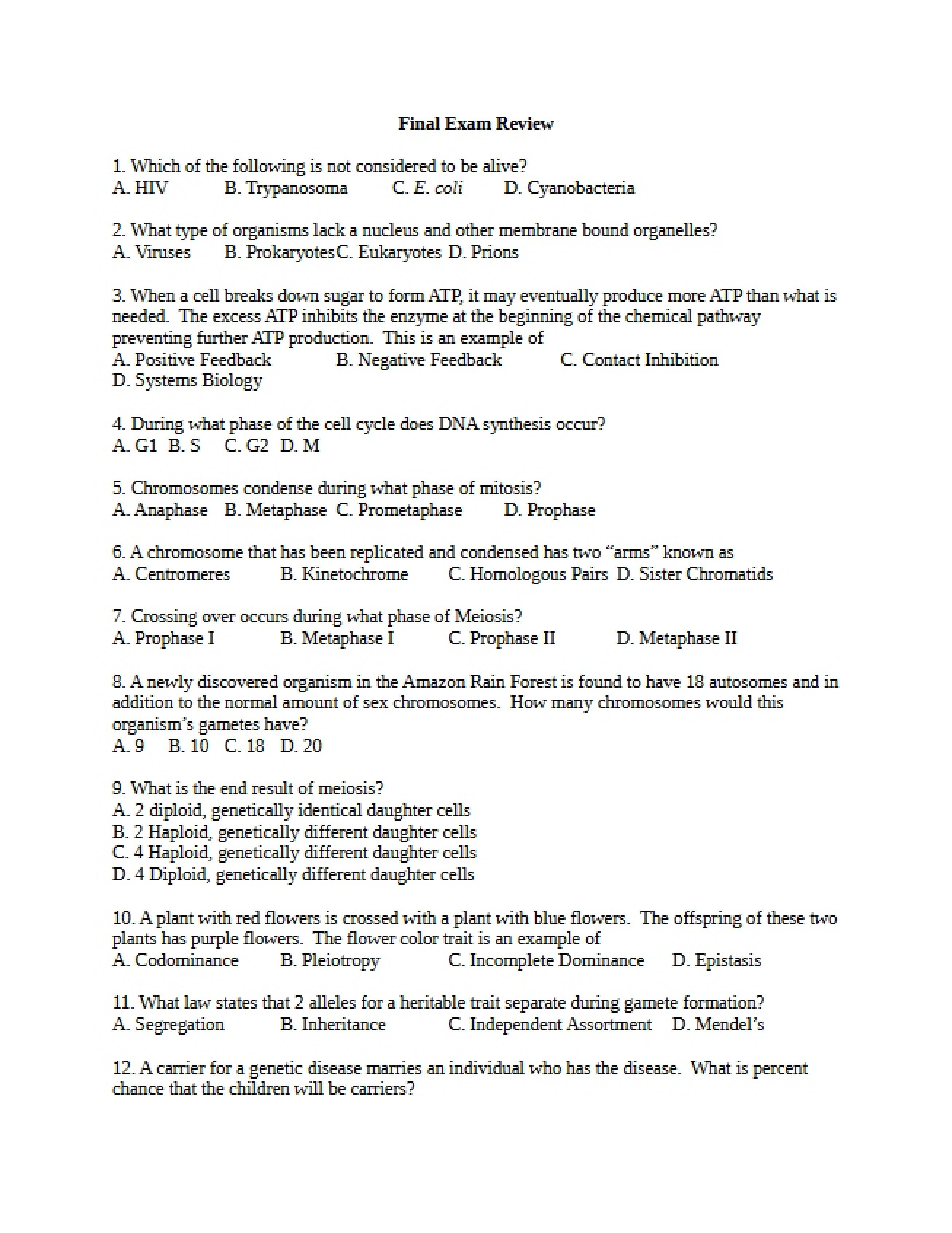 Final Review for Boury's Biology 211 Course