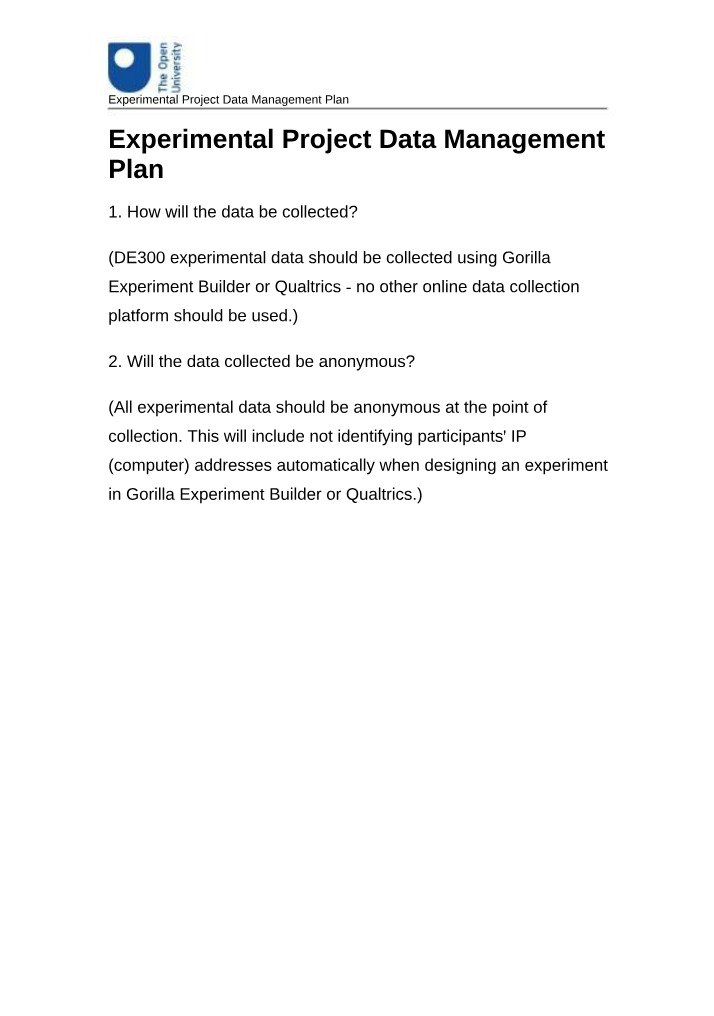 Data Management Plan for Experimental Projects