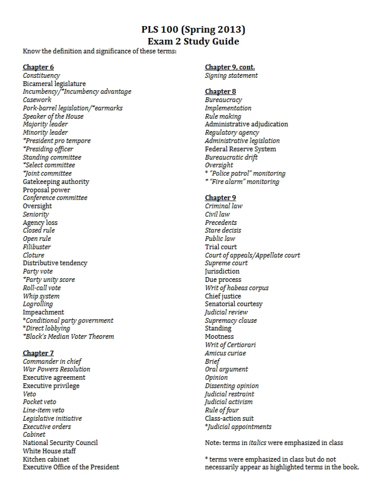 Study Guide for Exam Two