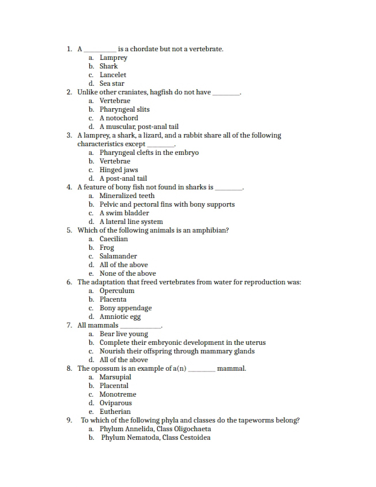 Sample Test for the Biology Course