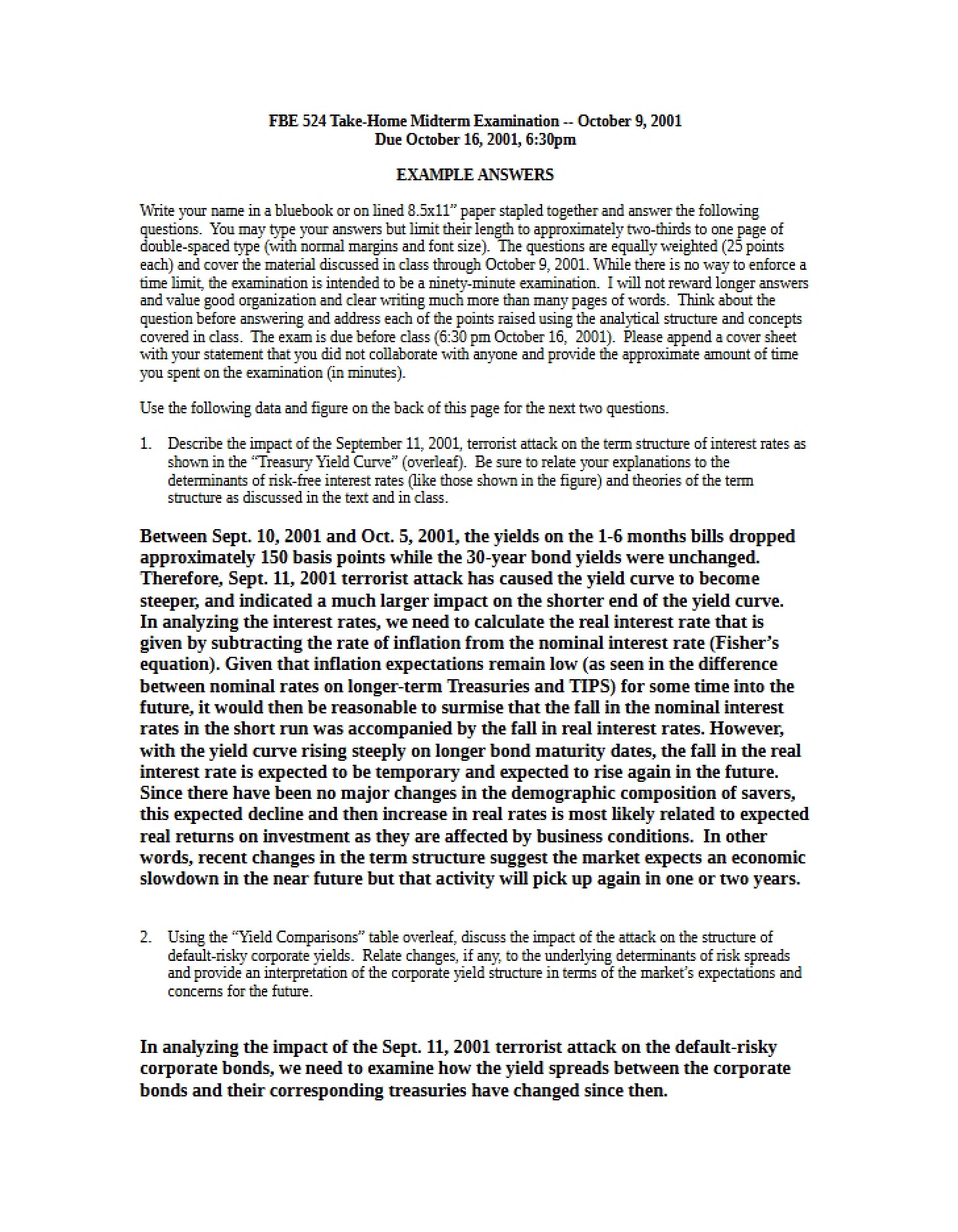 Answers for Year 2001 Midterm