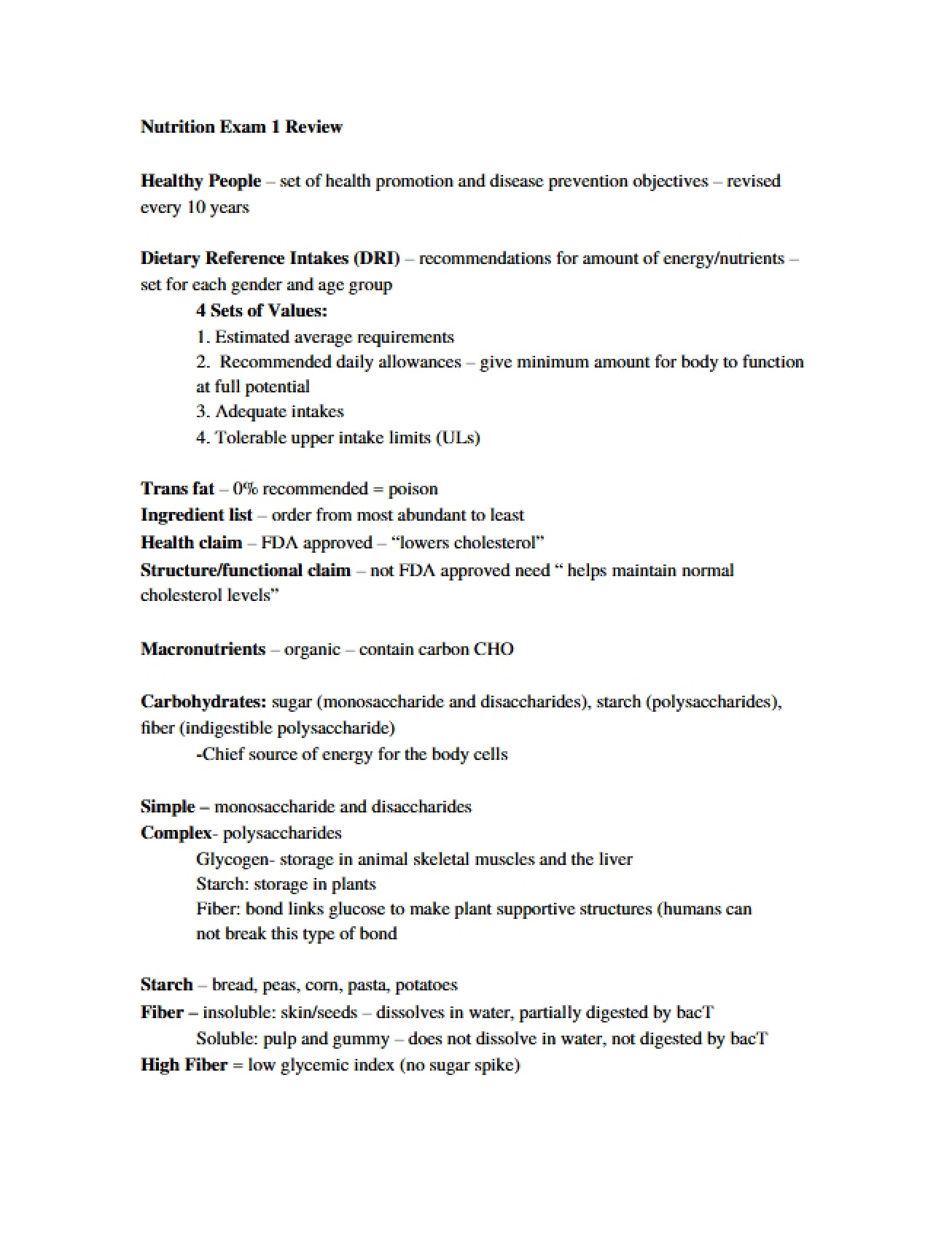 Exam One Review for Nutrition