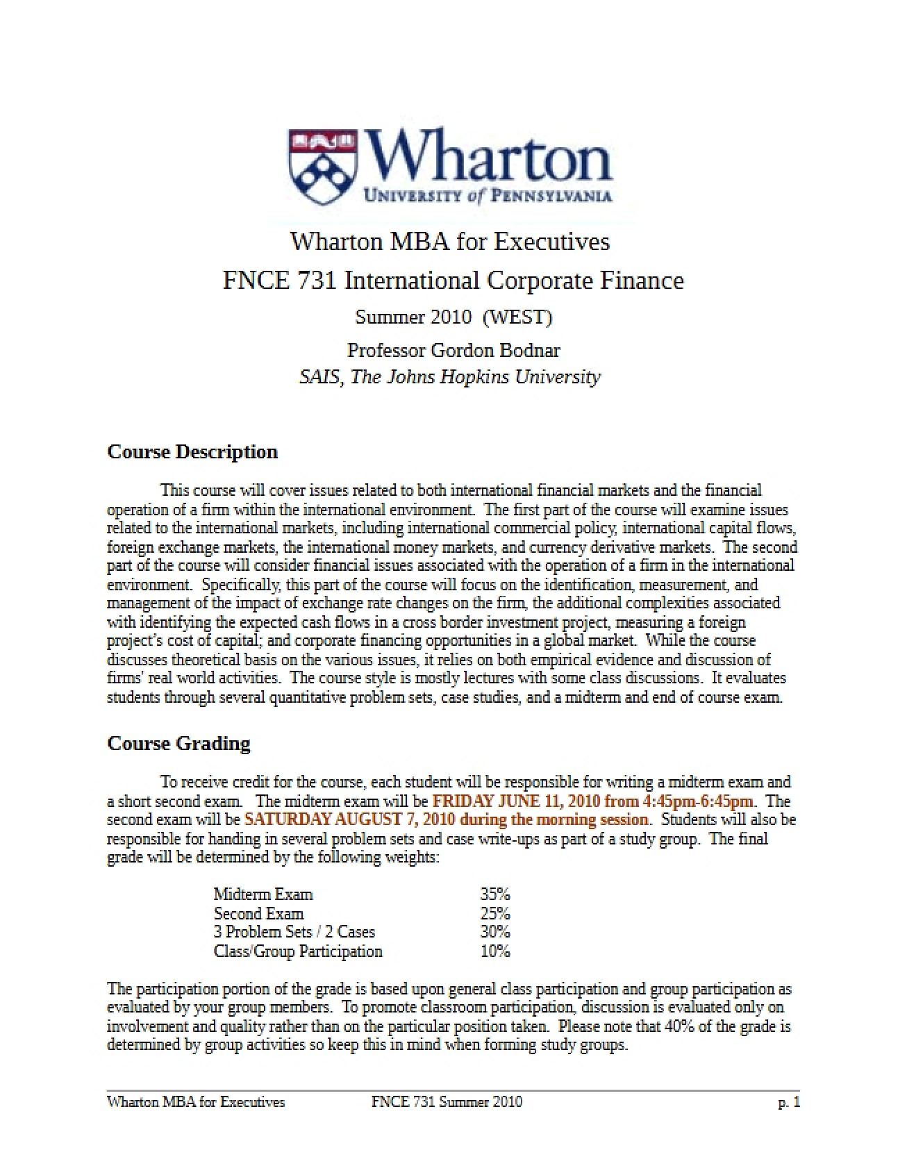 FNCE 731 Course Syllabus (II)