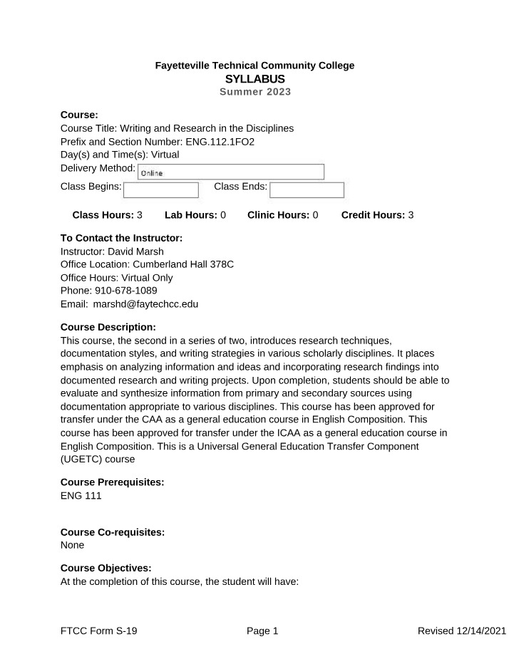 Writing and Research in the Disciplines Course Syllabus