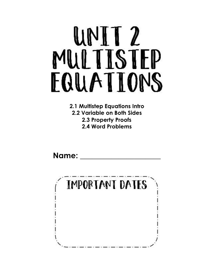 Unit 2 Multistep Equations - Notes and Practice Homework
