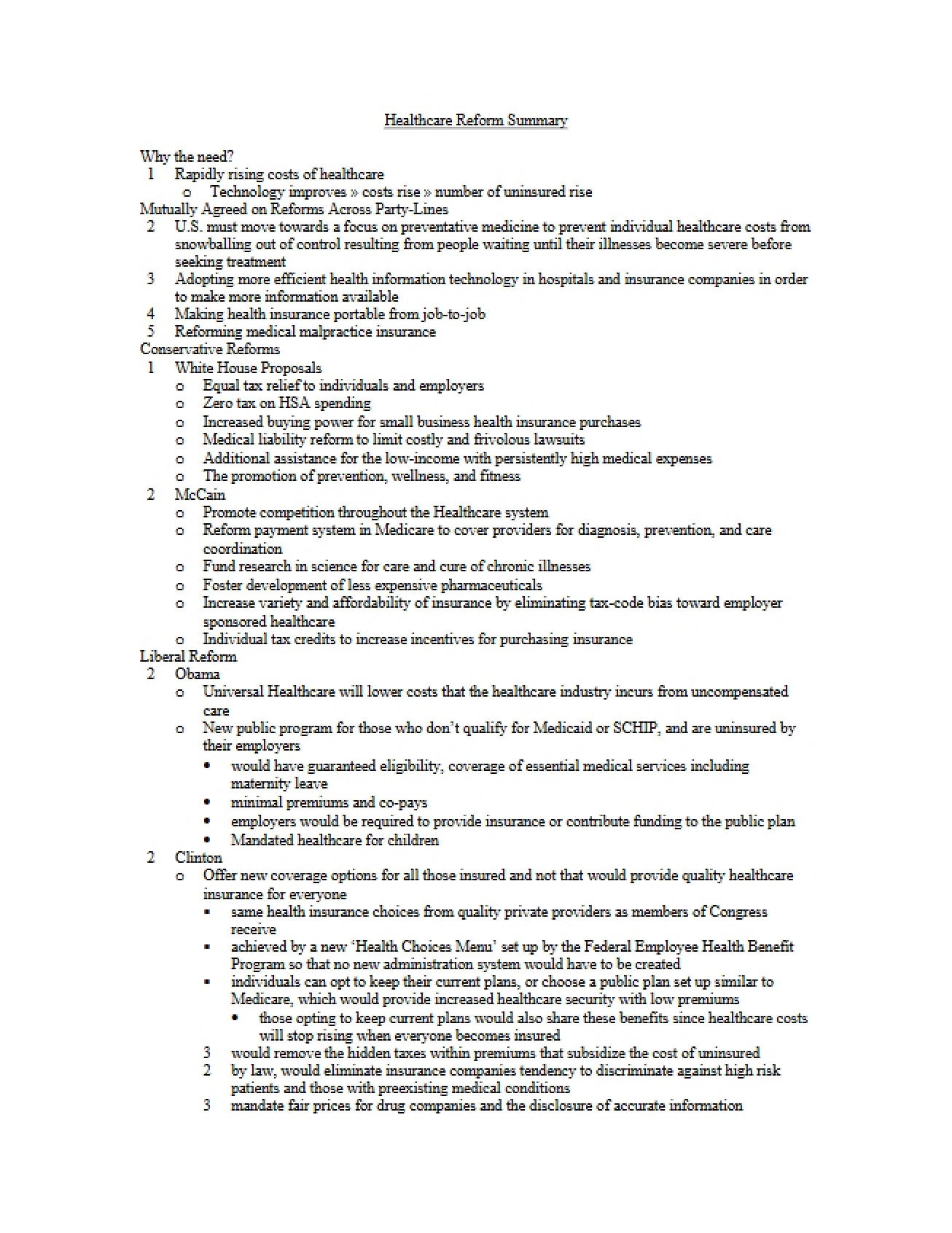 Summary of Healthcare Reform