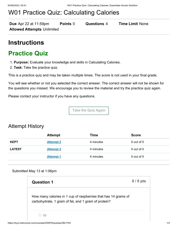 Week 1 Practice Quiz for Calculating Calories
