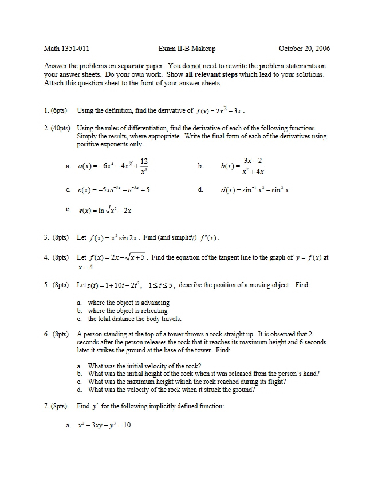 MATH 1351 Exam 2-B Makeup
