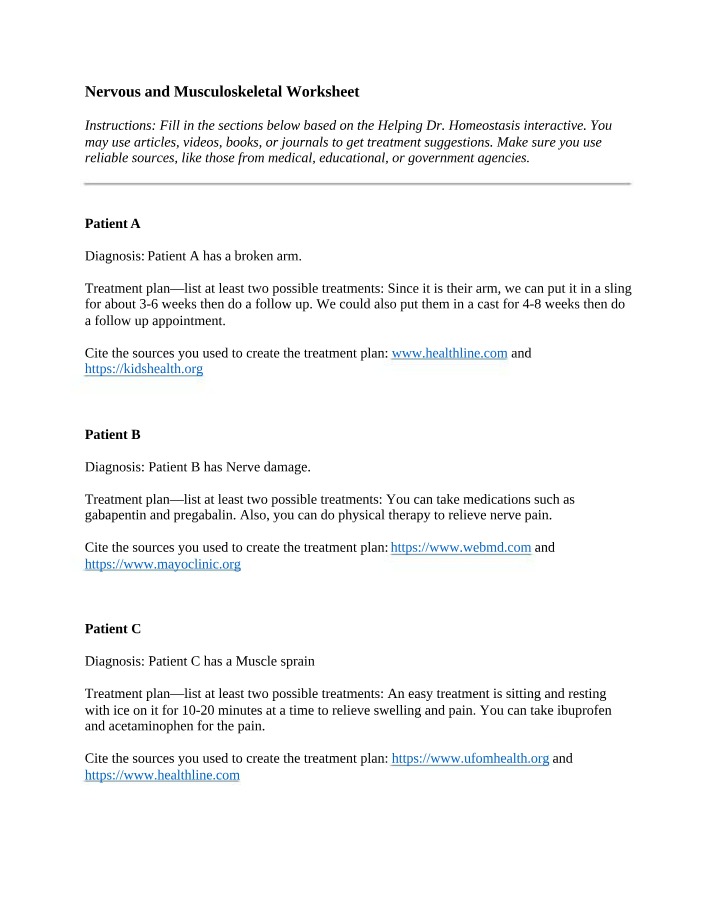 Worksheet - Nervous and Musculoskeletal Systems
