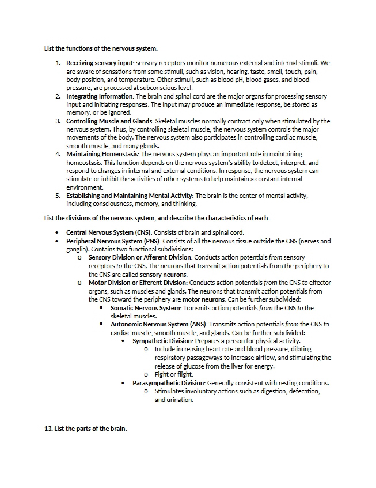Nervous System Functions List