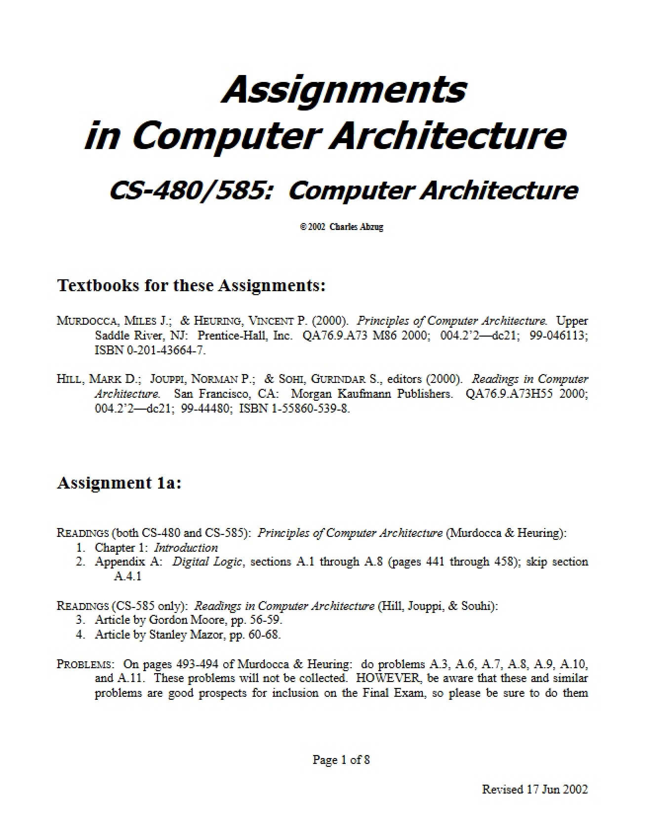 Assignments in the Field of Computer Architecture