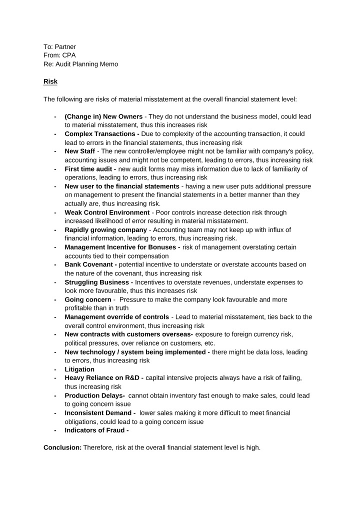 Review Notes for Audit Planning Memo
