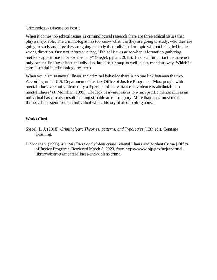 Ethical Issues in Criminological Research - Discussion Post 3