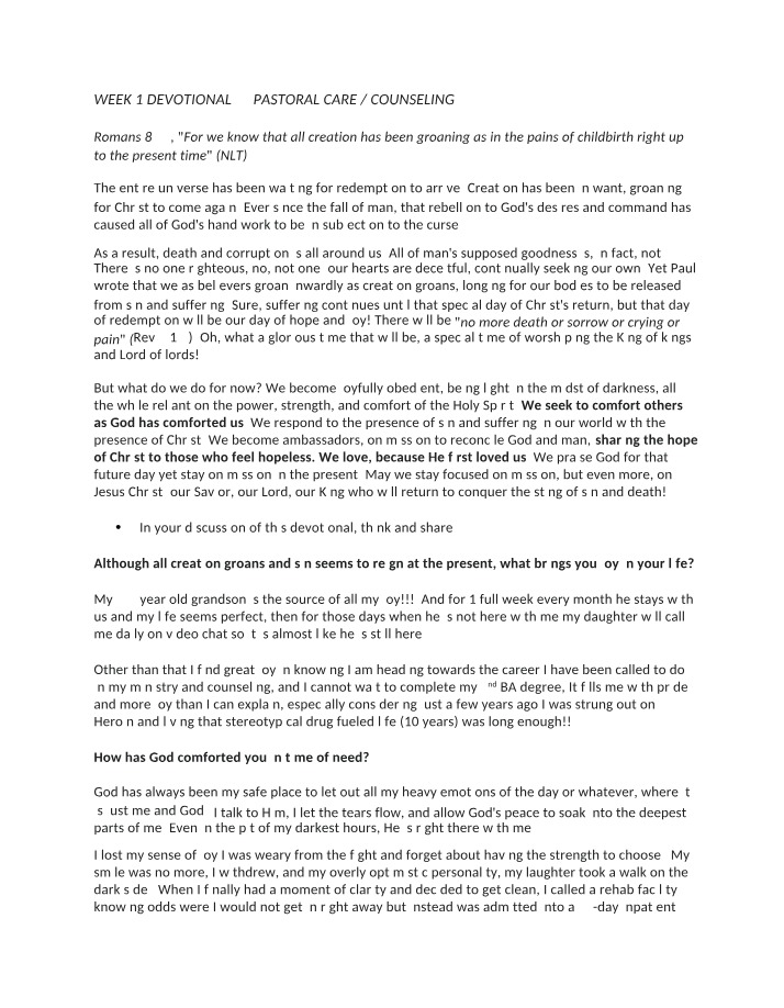 Week 1 Devotional on Pastoral Care