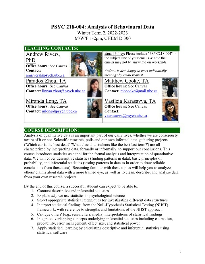 Introduction to Statistics for Analysis of Behavioural Data