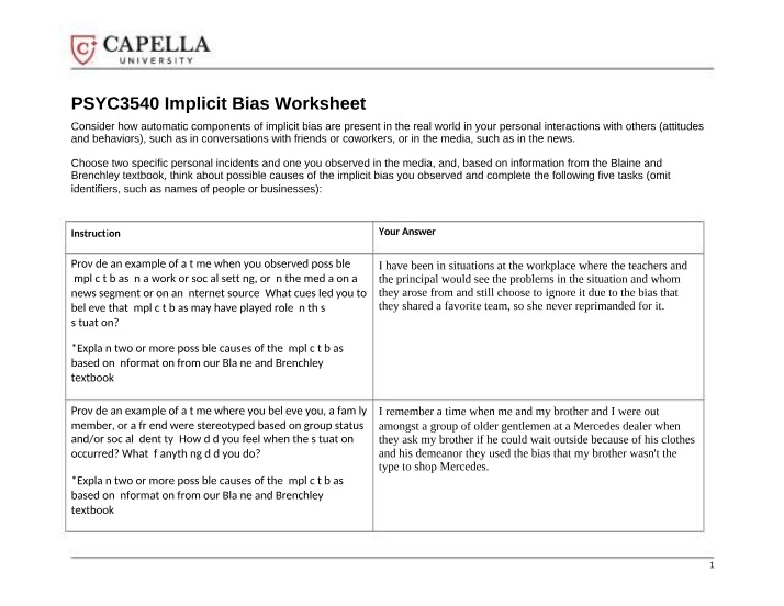 Worksheet on Implicit Bias - PSYC3540