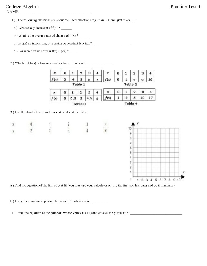 Linear Functions, Scatter Plots, and Parabolas - Practice Test 3