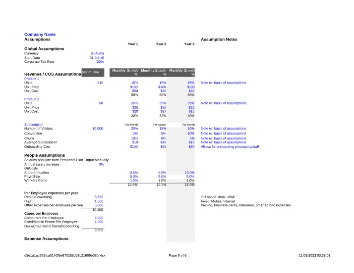 Revenue and Assumptions Projections for Company Name