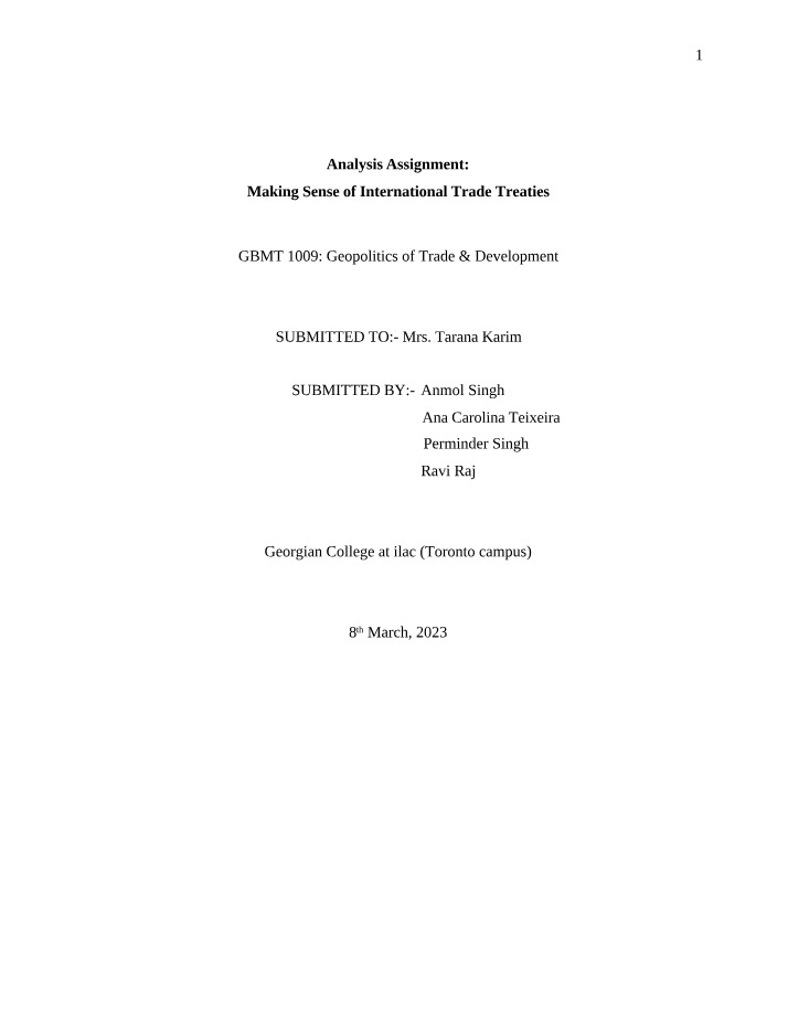 Making Sense of International Trade Treaties - Analysis Assignment